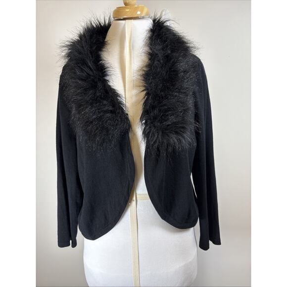 Black Faux Fur Trim Silk Blend Cardigan XL Y2K Mob Wife Witchy Goth Spense - Picture 1 of 16